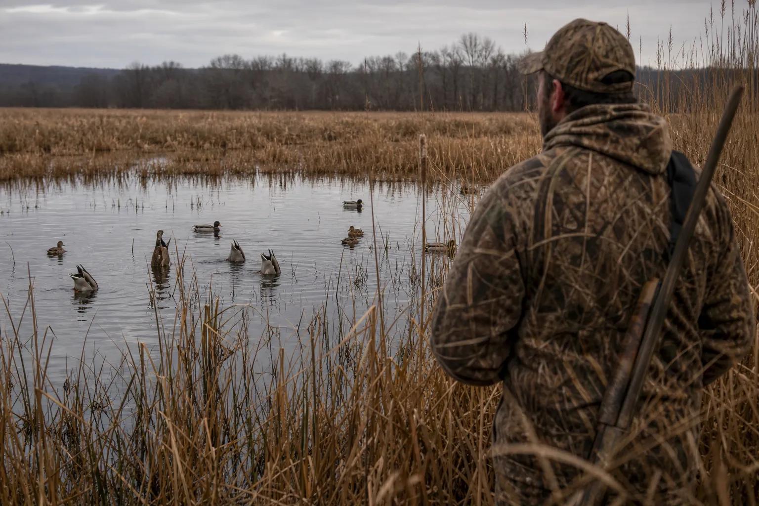 Live dabbling ducks tip forward and feed in shallow marsh water among reeds and cattails.