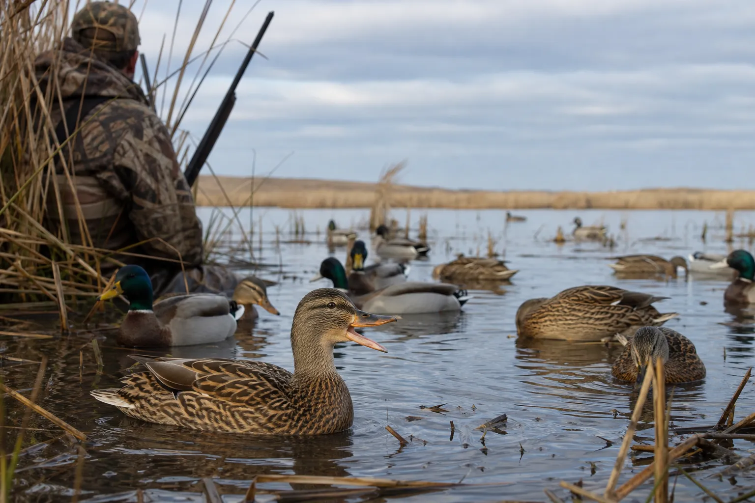 Several live mallards float on a marsh while one hen mallard appears to be calling.