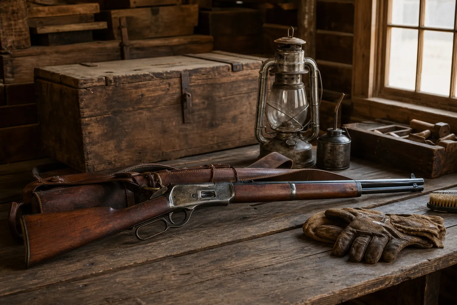 A lever action rifle is displayed in a frontier style cabin with period gear and warm lamplight.