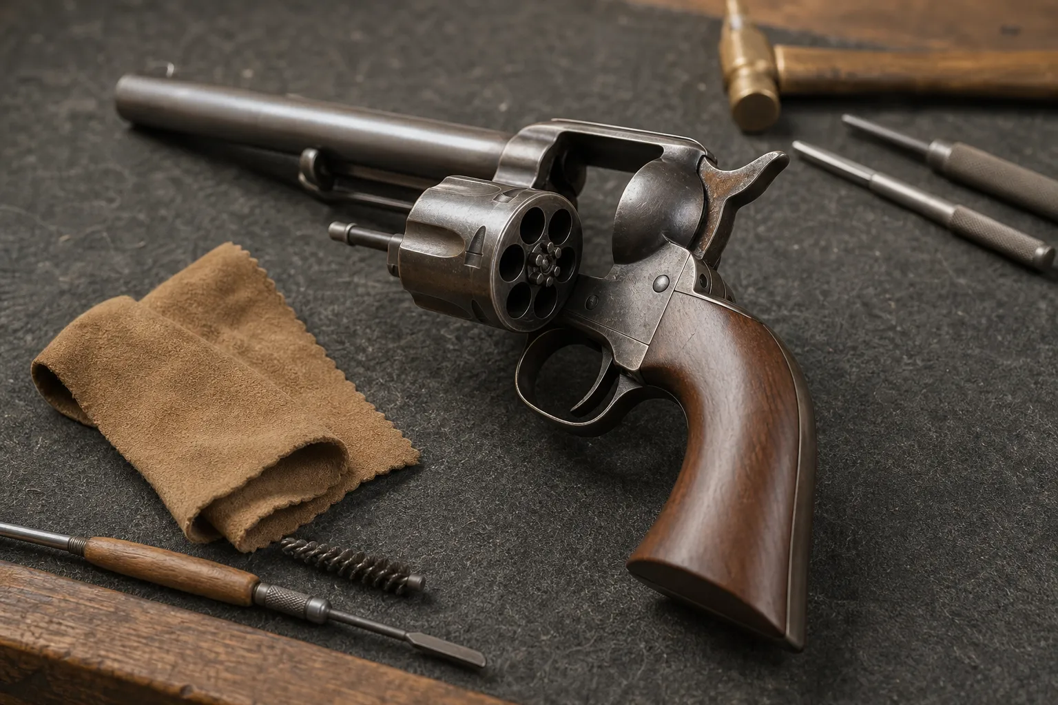 A close up of a revolver on a workbench shows its hammer, cylinder, and classic single action shape.