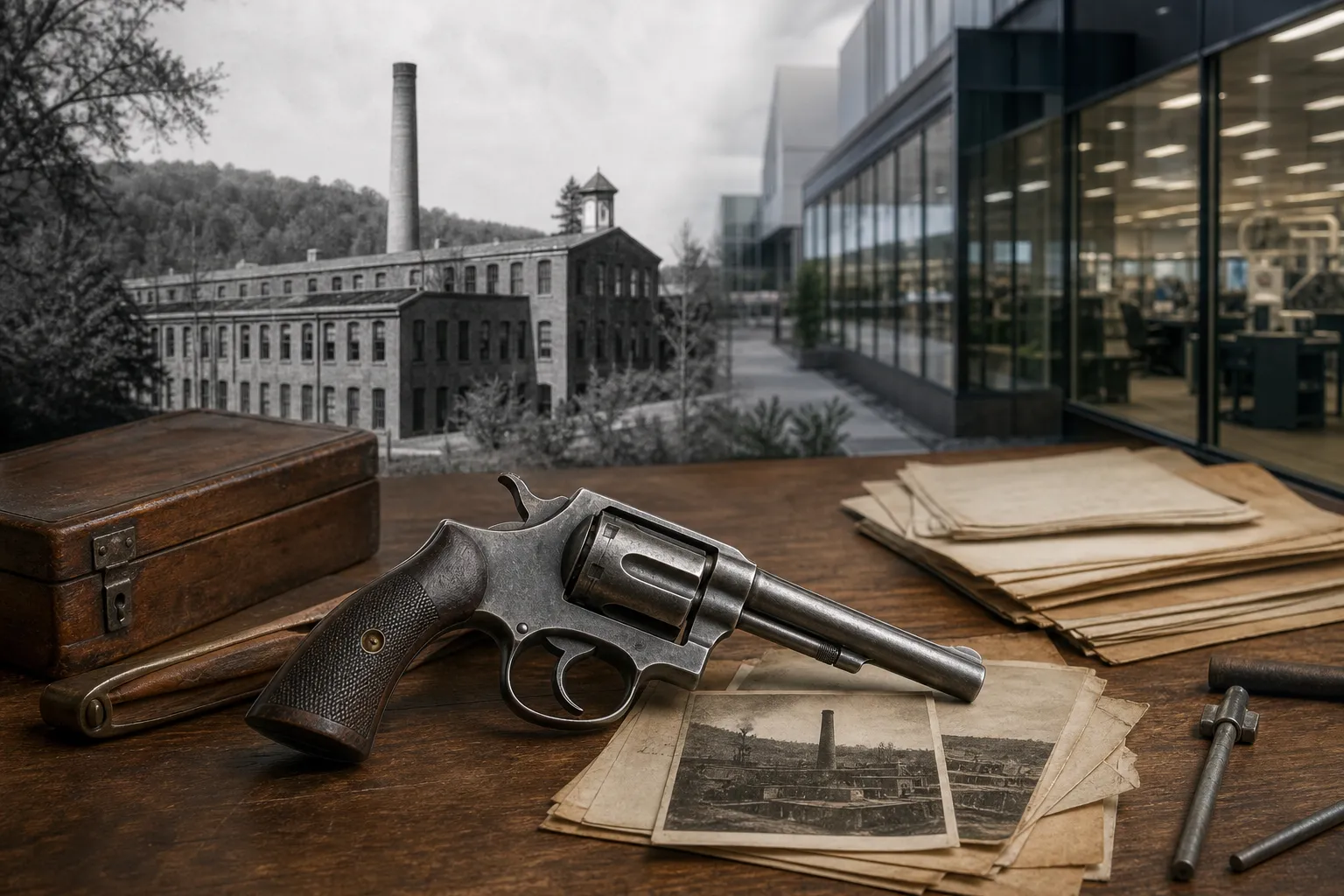 A generic historic revolver on a desk with a faint industrial building and modern office setting in the background.