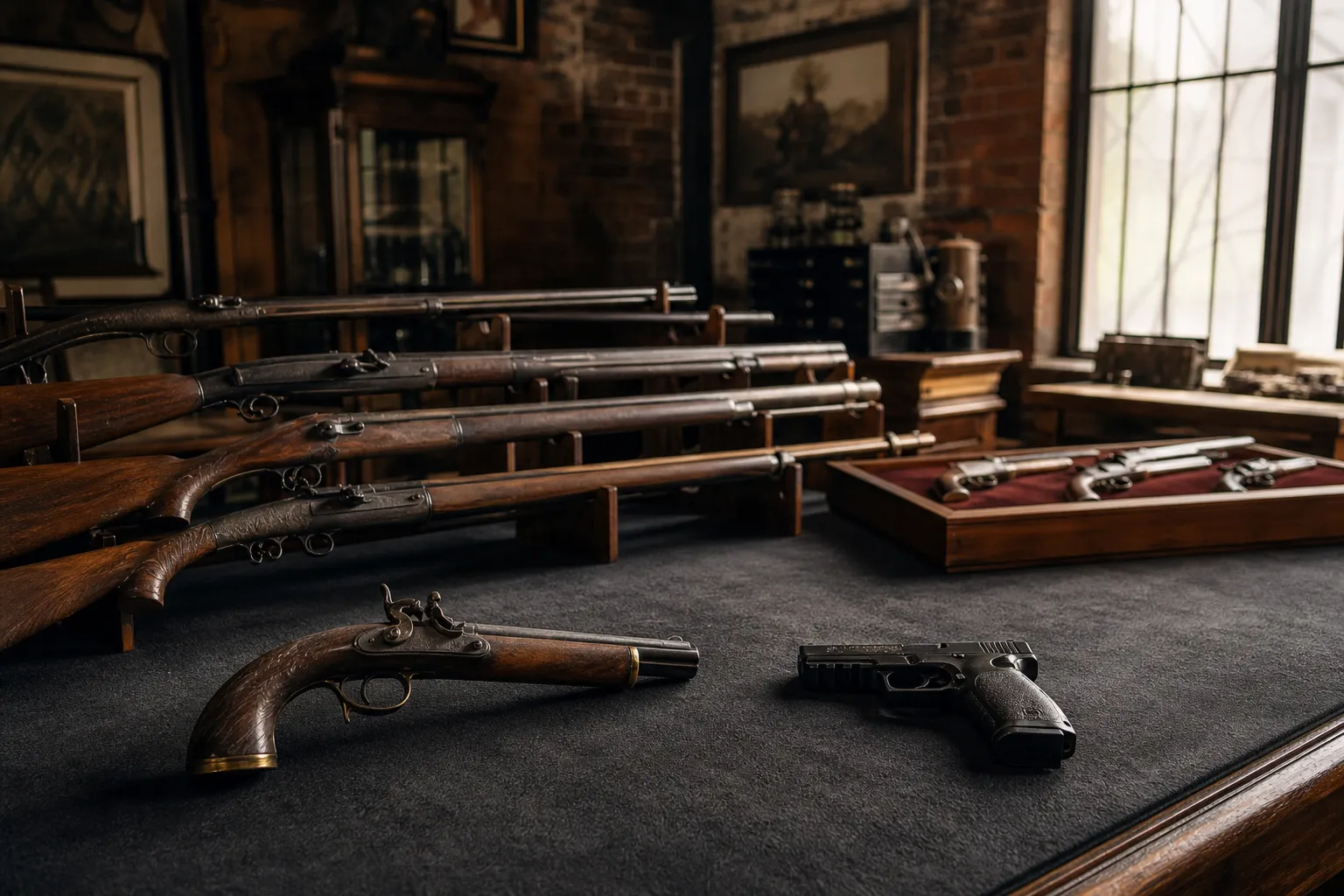 A historic firearms display room shows antique and modern guns safely at rest, suggesting the long span from Colt’s early era to the modern Colt CZ Group.