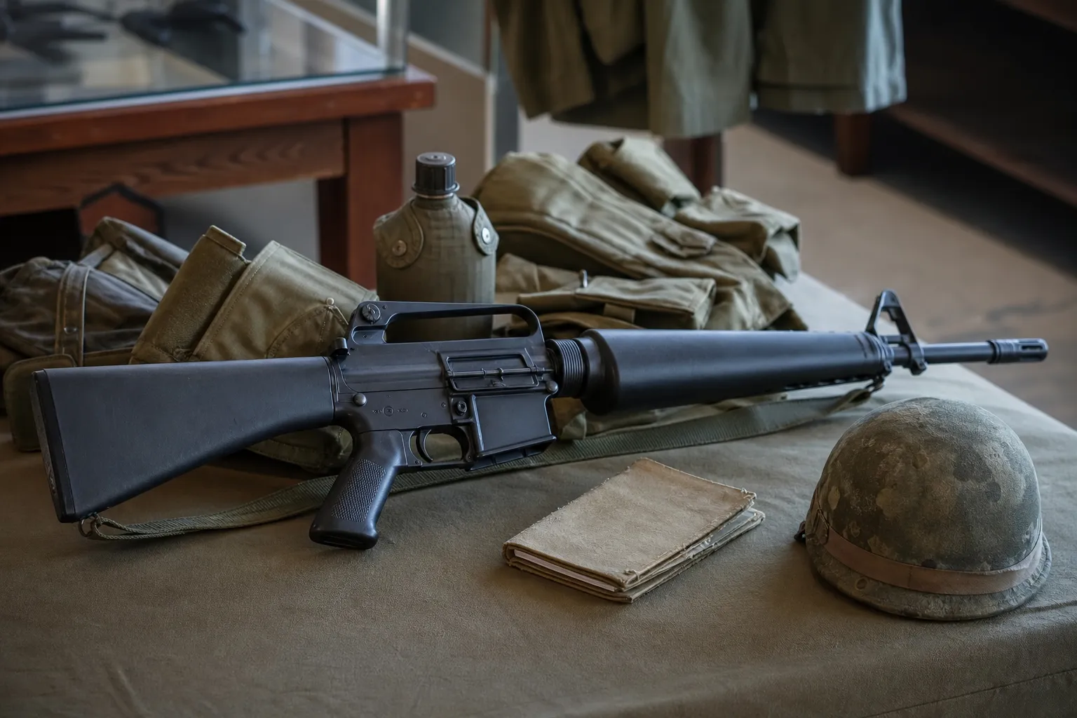 A generic M16 style rifle rests safely on a display table with period gear in a museum like setting.