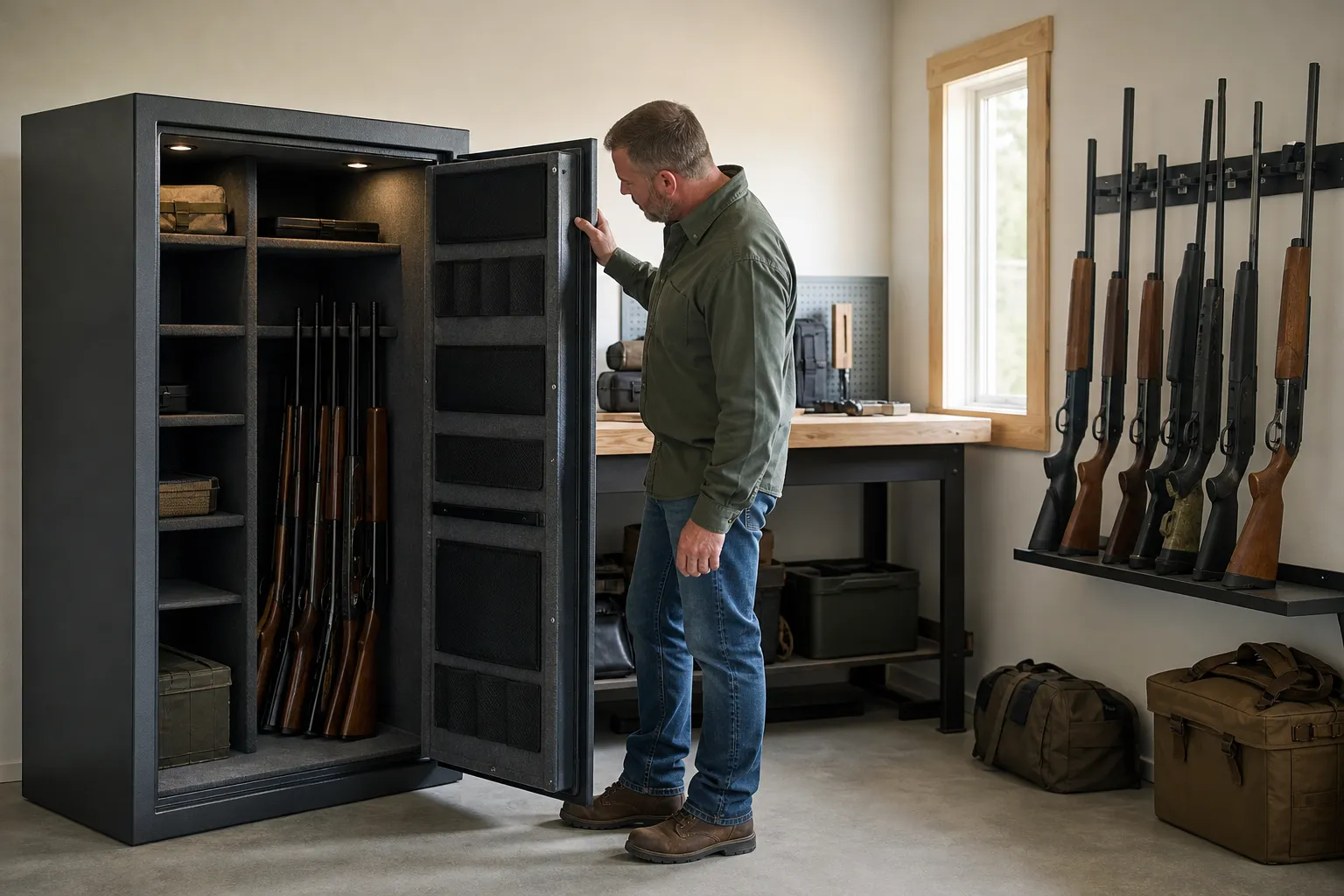 A homeowner inspects an open gun safe and nearby stored firearms in a home workshop.