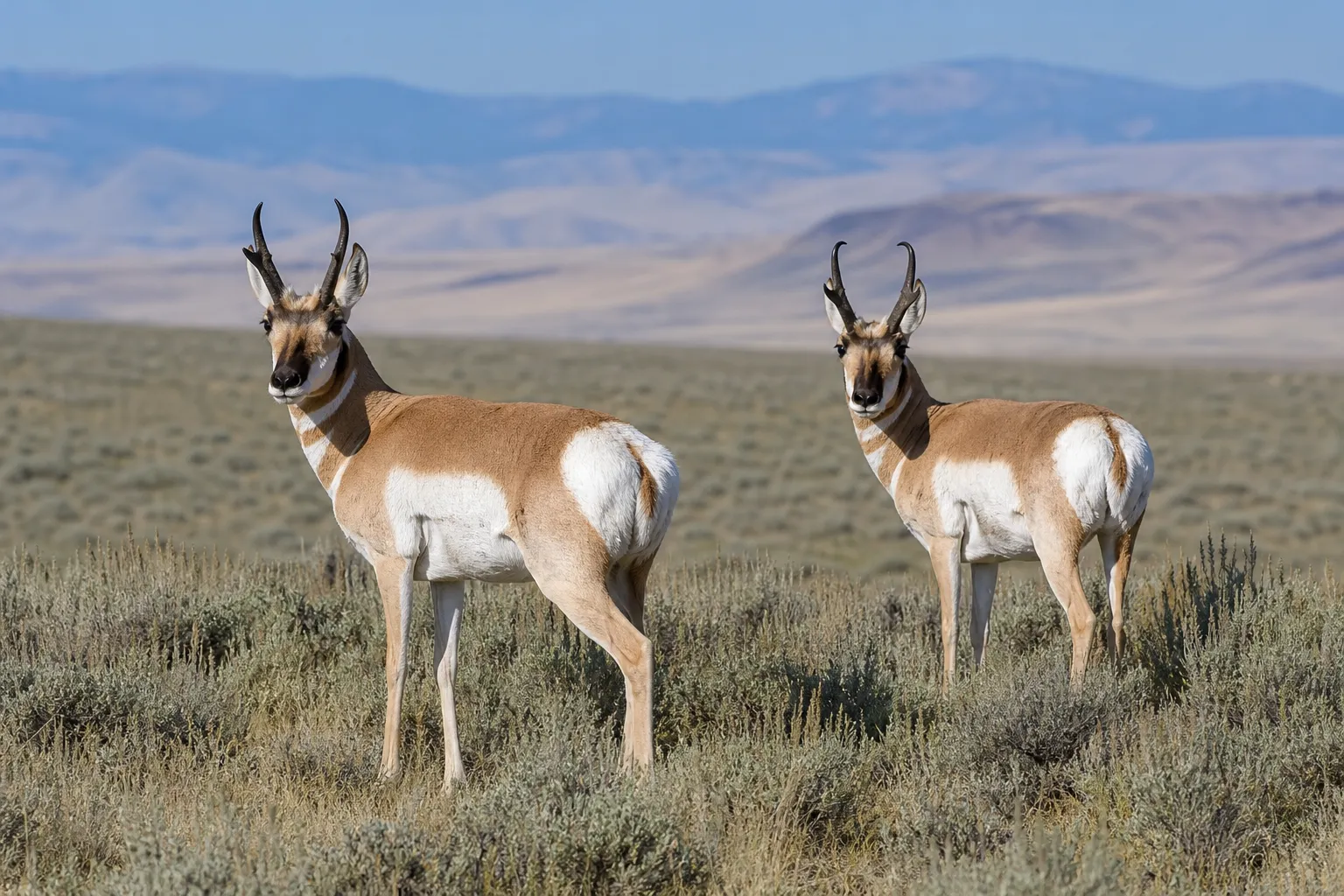 Two pronghorn stand in open prairie, showing their tan coats, white rumps, and dark facial markings.