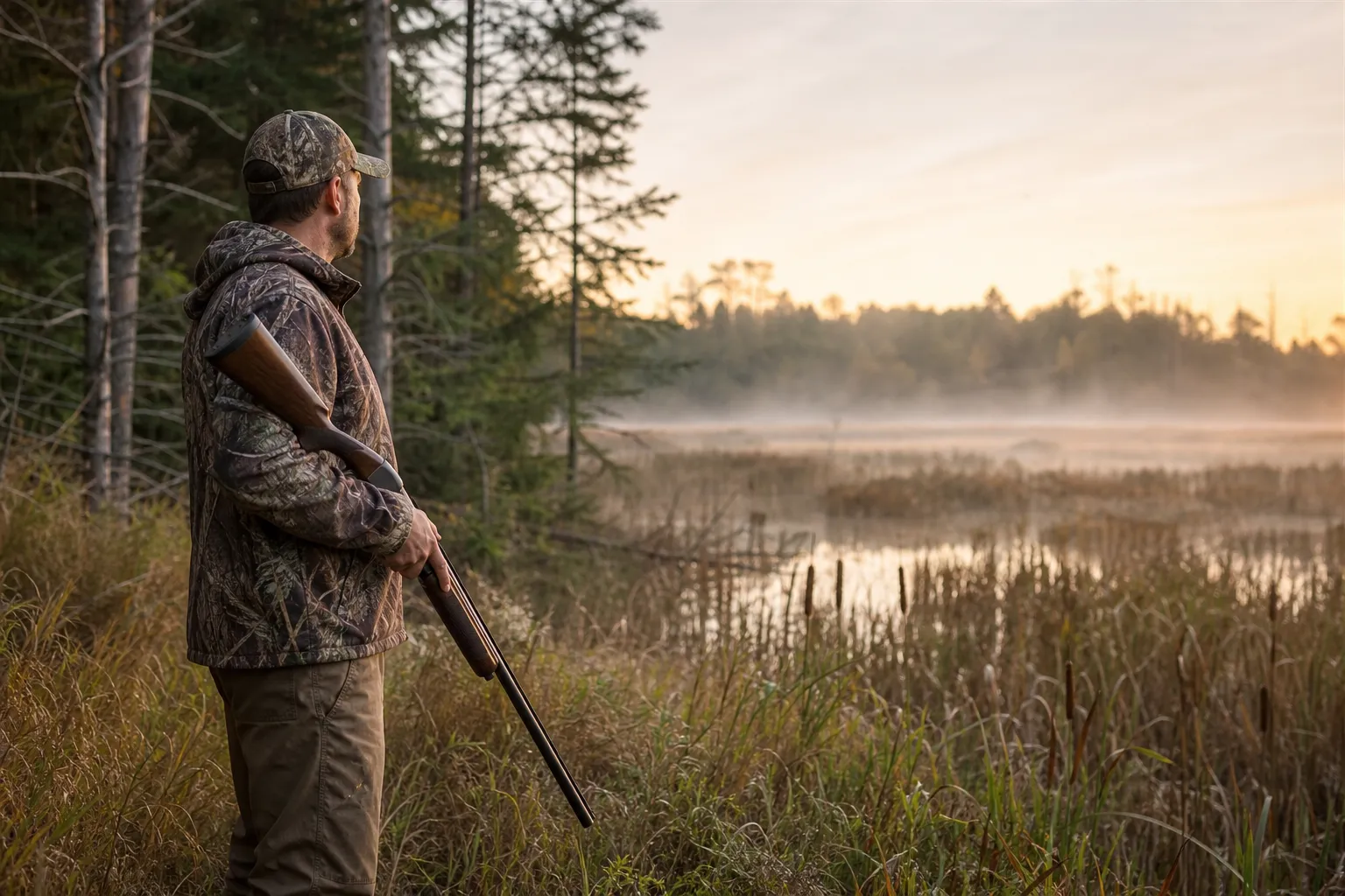 An adult hunter stands quietly at the edge of a marsh with a shotgun carried safely and no animal in sight.