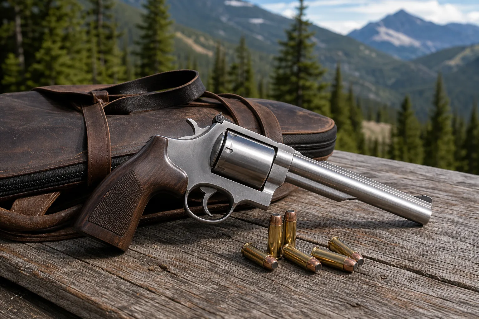 A large revolver and cartridges rest on a wooden table with a mountain forest background.