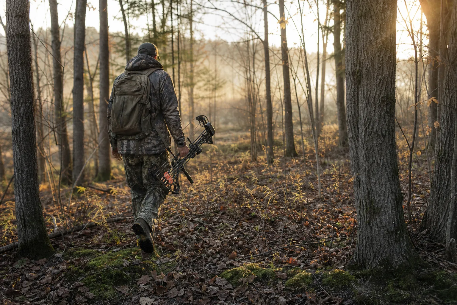 A hunter carries a compound bow quietly through the woods during a morning hunt.