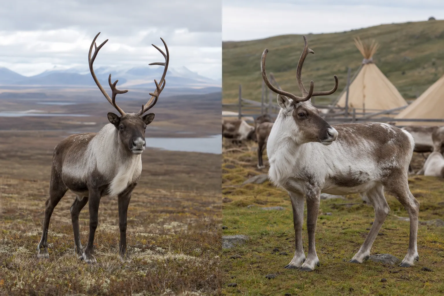 A wild caribou in tundra beside a semi domestic reindeer in a pastoral setting, showing the same species in different lives.