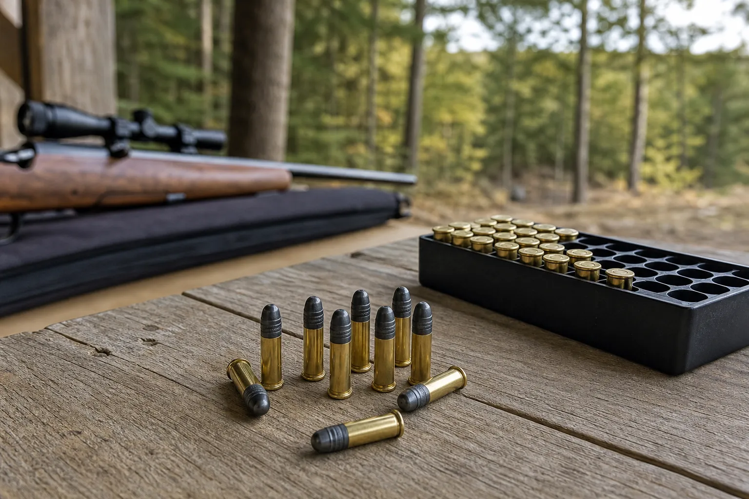 Generic rimfire cartridges are laid out on a table to show their small size and simple shape.