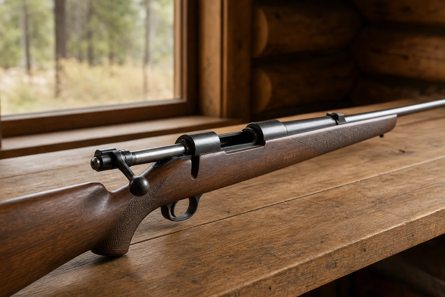 A bolt action rifle lies on a table with the bolt open so the manual action is visible.