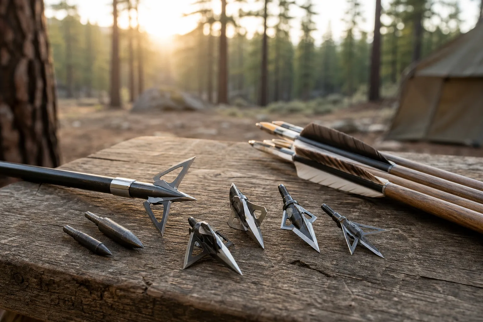 Several generic broadheads and field points are neatly arranged on a wooden table with arrows beside them.