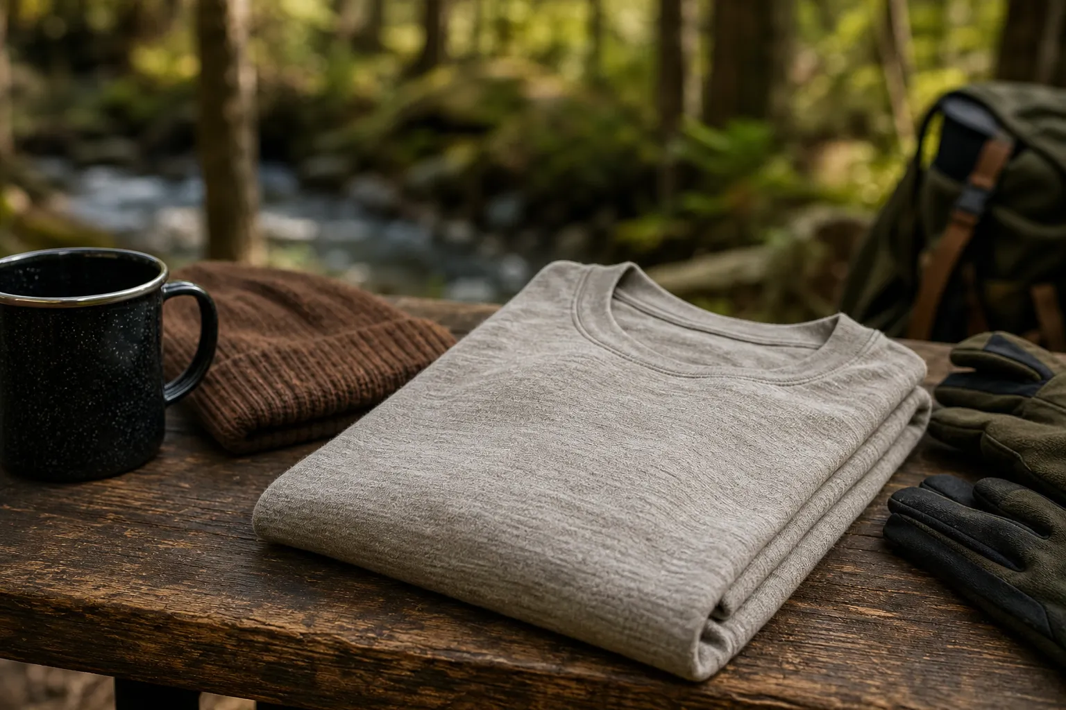A merino wool shirt folded on a camp table beside hiking gear.