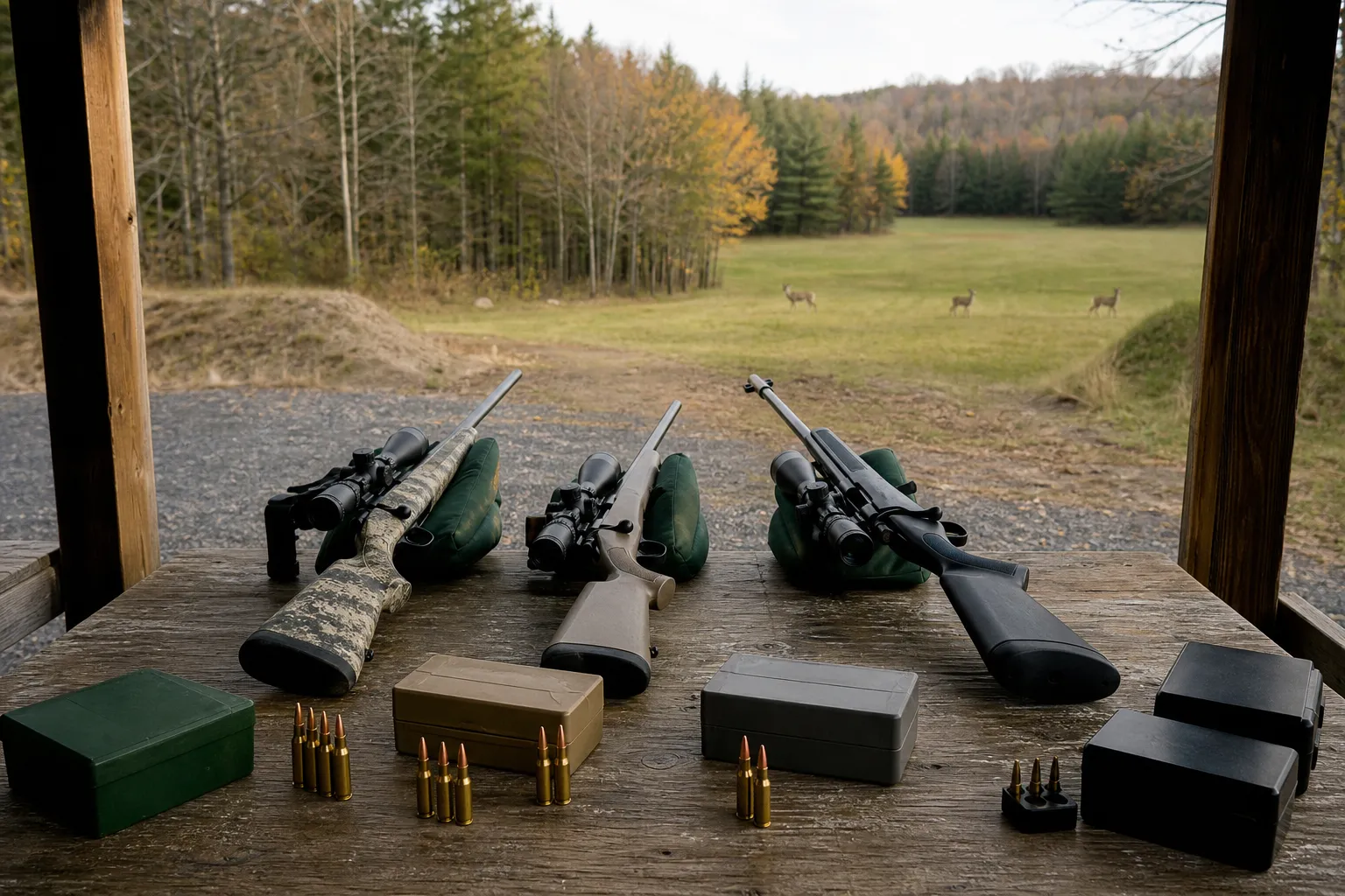 Three unloaded hunting rifles and assorted cartridges are arranged on a bench for side by side comparison.