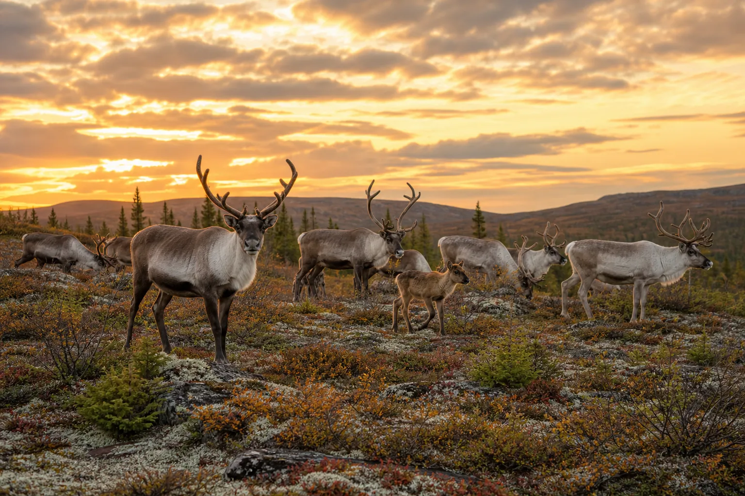 A wild caribou herd standing and moving across a tundra landscape in northern Canada at golden hour.