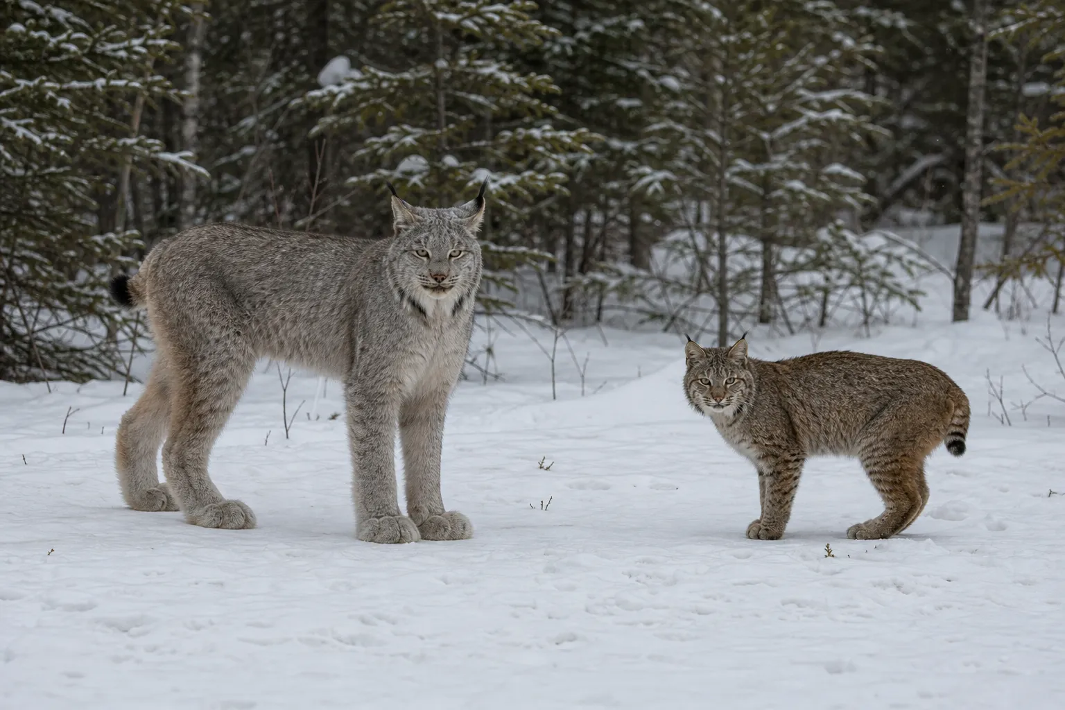 A Canada lynx and a bobcat standing separately in a snowy forest for visual comparison.