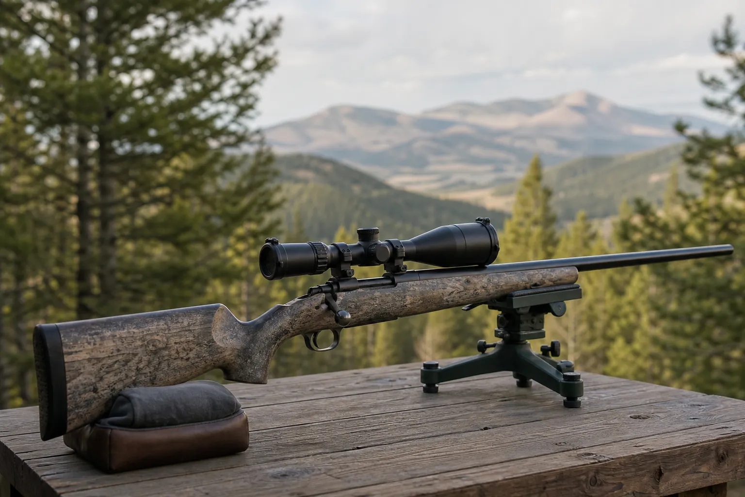 A hunting rifle with a scoped optic resting safely on a shooting bench in a forested mountain setting.