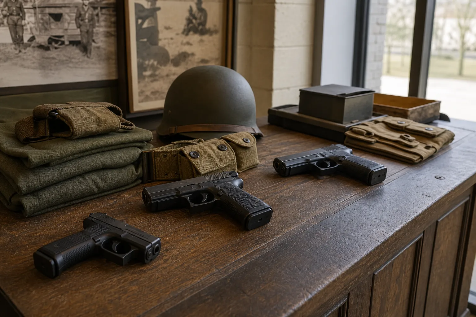 A museum style display with a generic service pistol and era appropriate military gear arranged on a table.