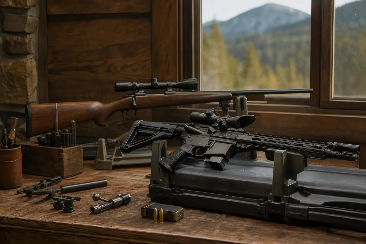 An older hunting rifle and a modern rifle displayed safely together to suggest cartridge history.