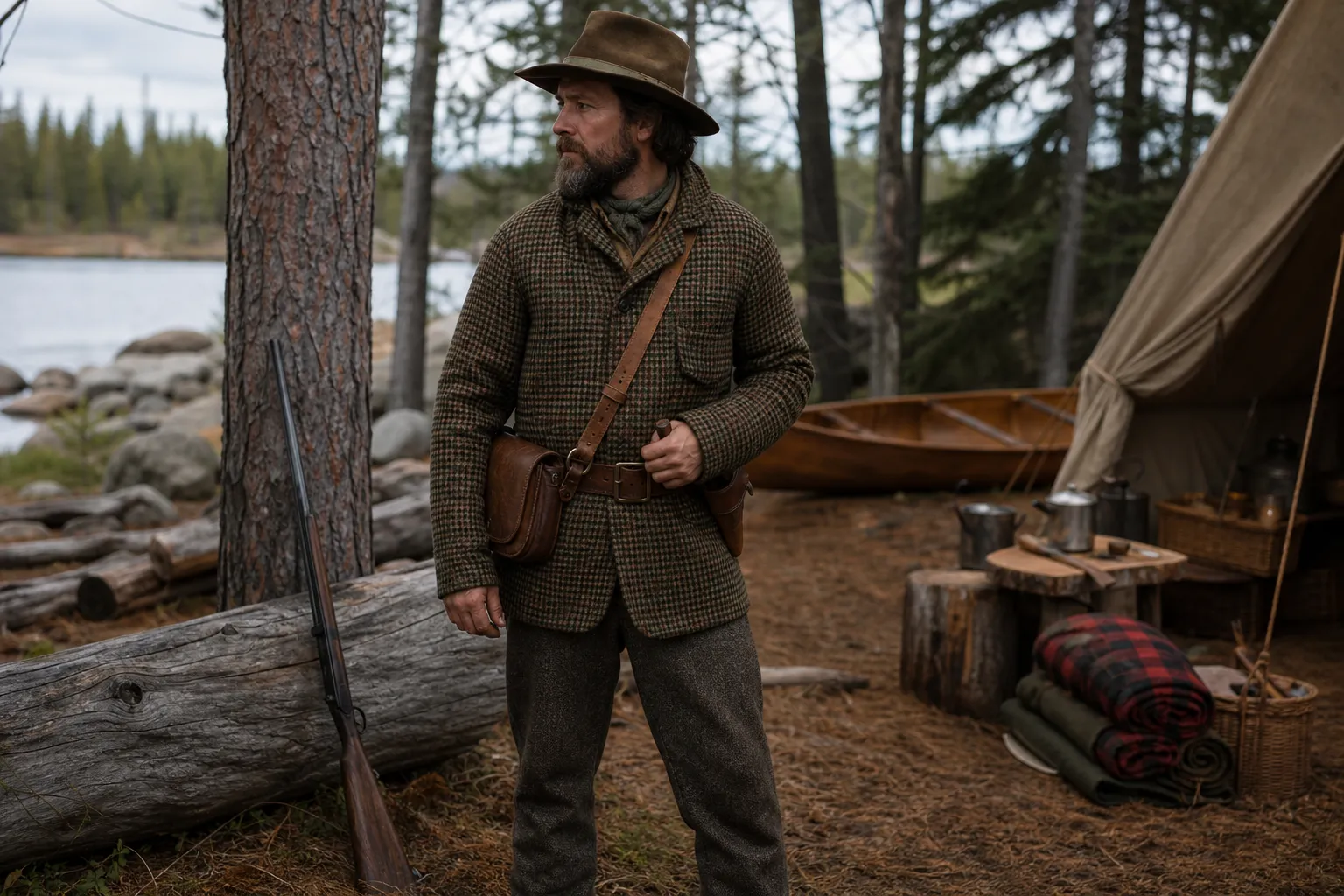 An early style hunter in simple patterned outdoor clothing stands near a rustic forest camp, suggesting the history of camouflage.