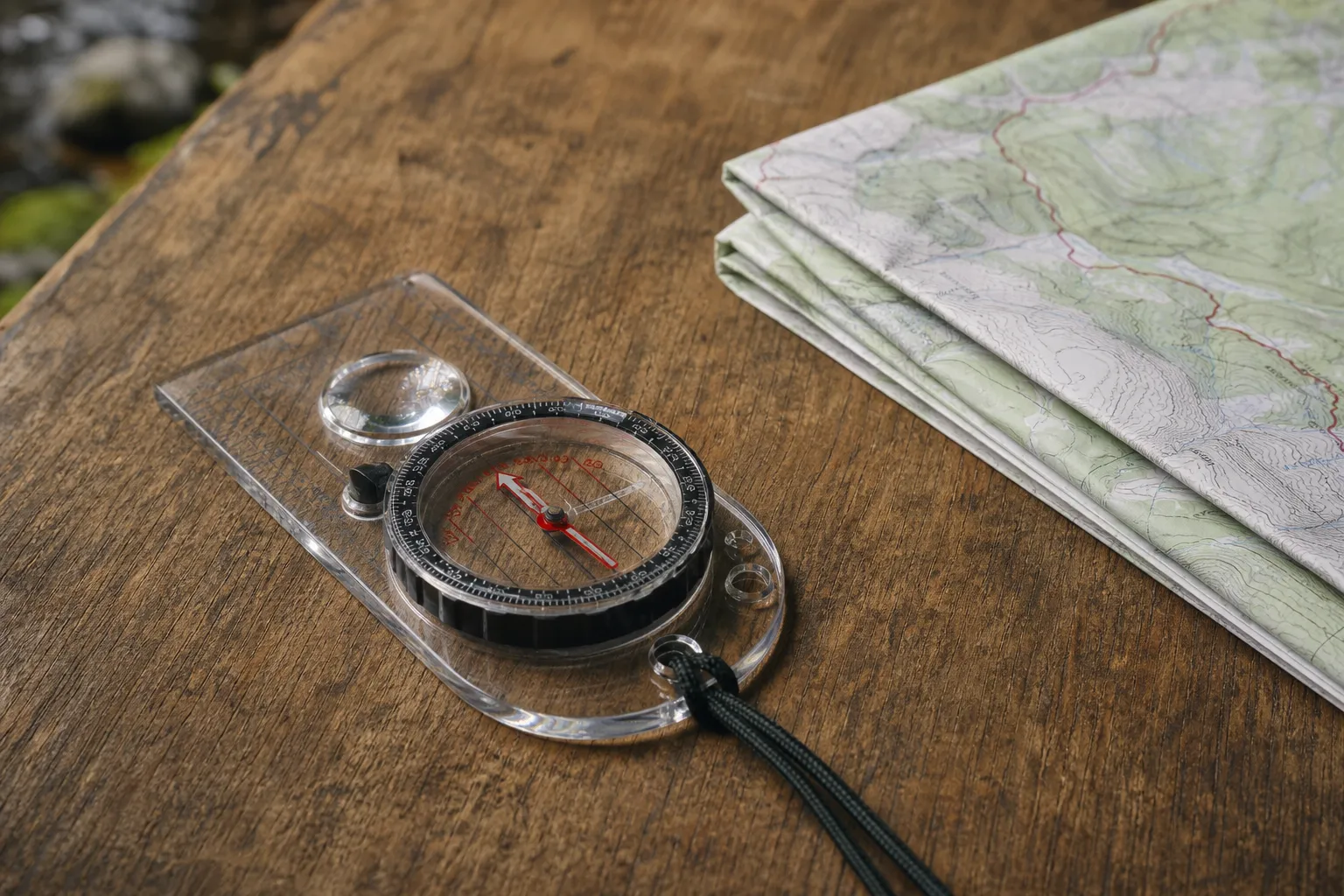 A close view of a compass beside a map on a wooden table, showing its main parts.