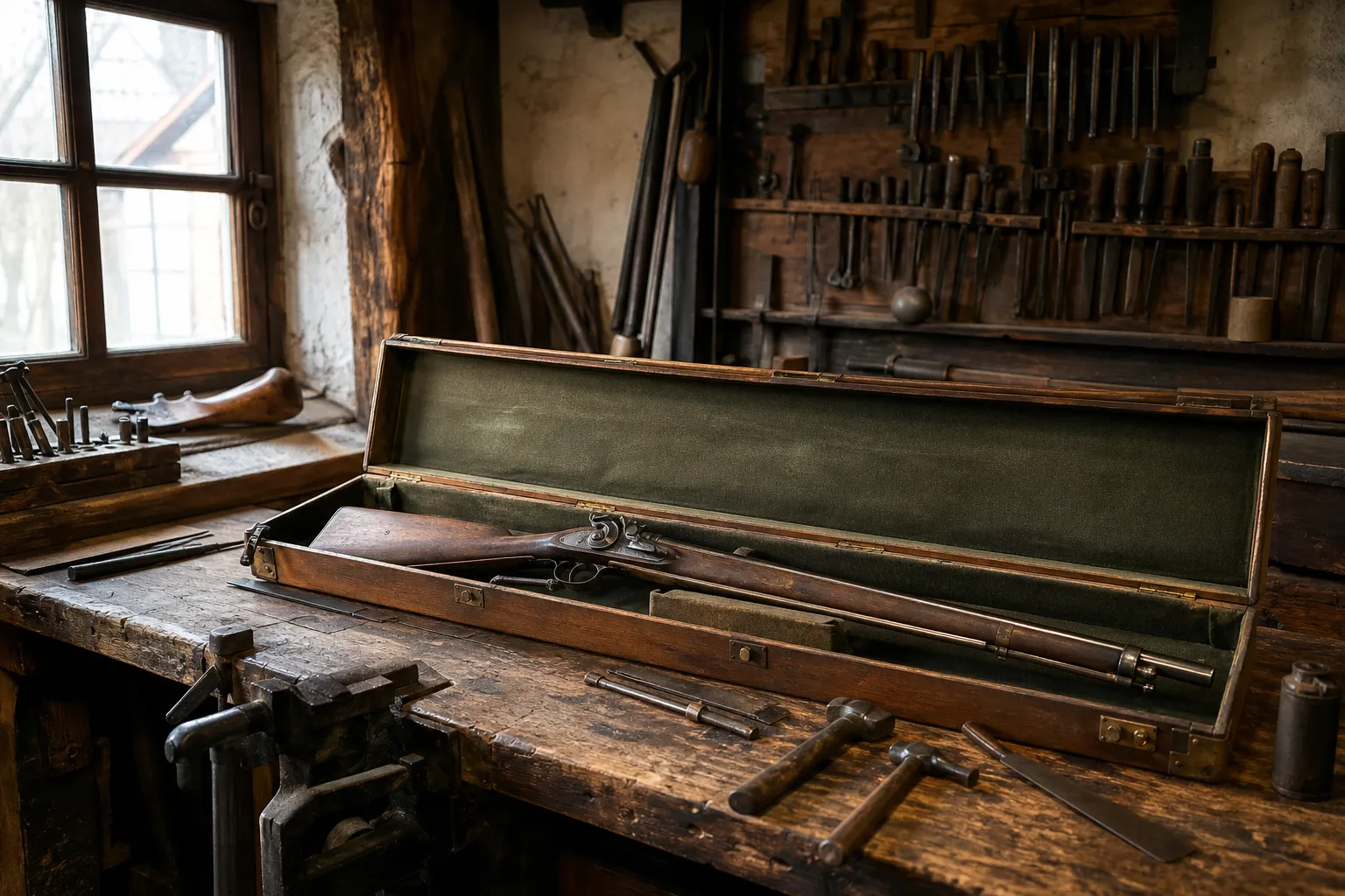 A German style gunsmith workshop display with tools and a safely cased sporting firearm.