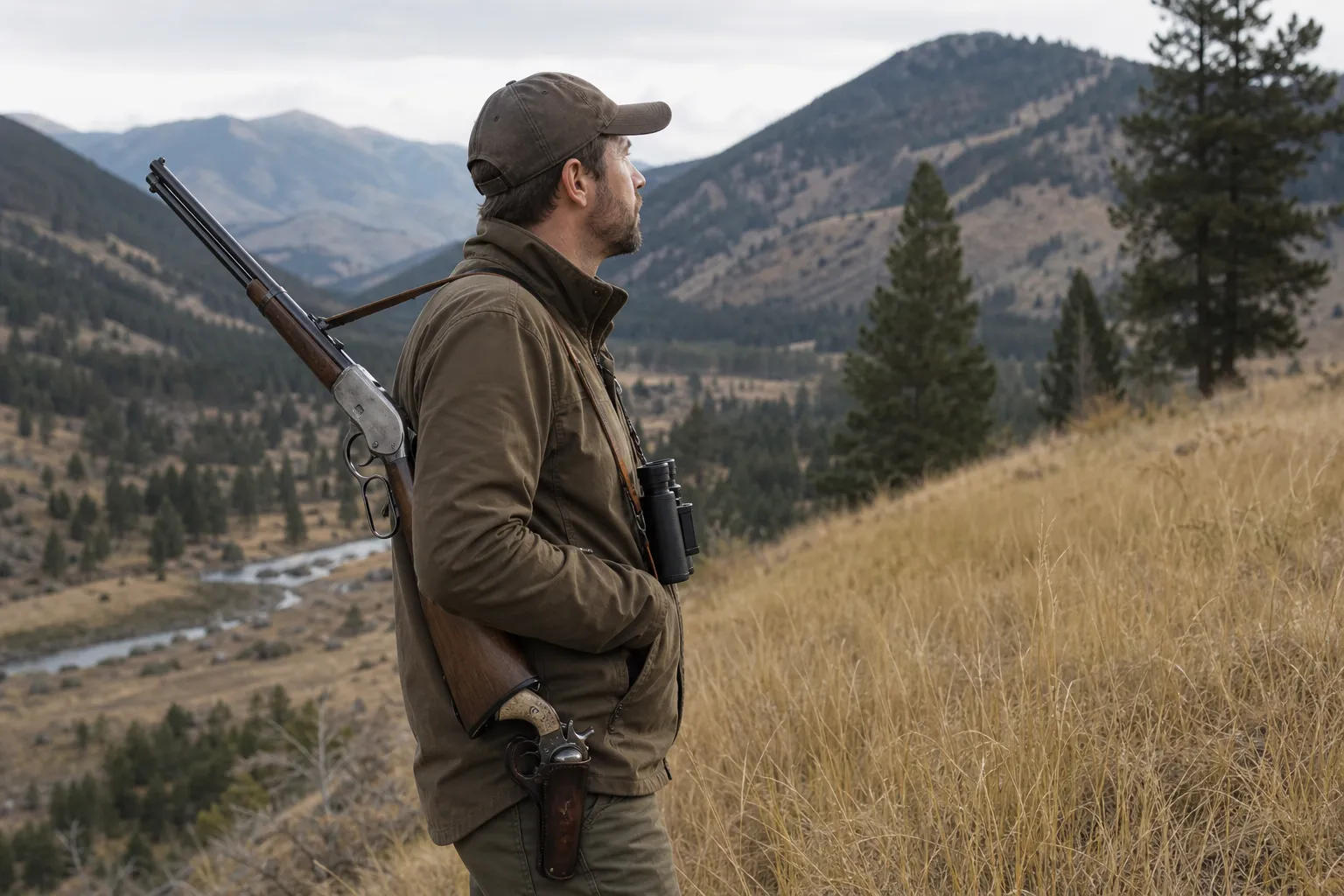 An outdoorsperson carries a lever action rifle safely in a field with a holstered revolver and mountain landscape behind them.