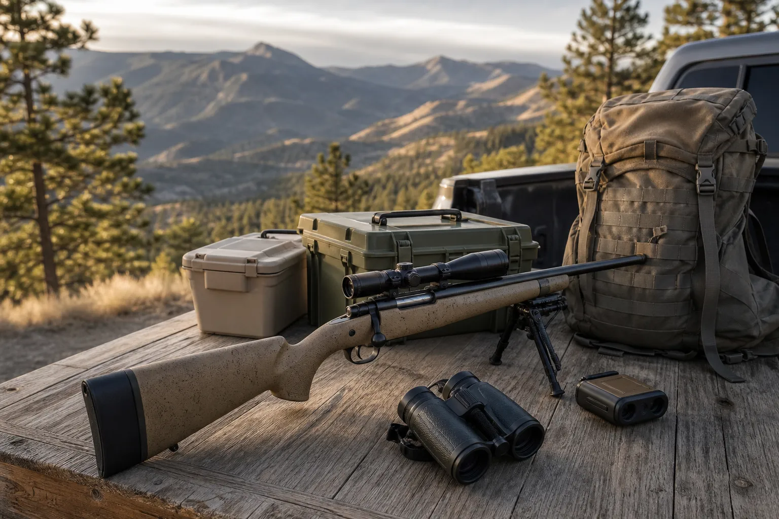 A bolt action rifle and hunting gear arranged neatly outdoors in a mountain setting.
