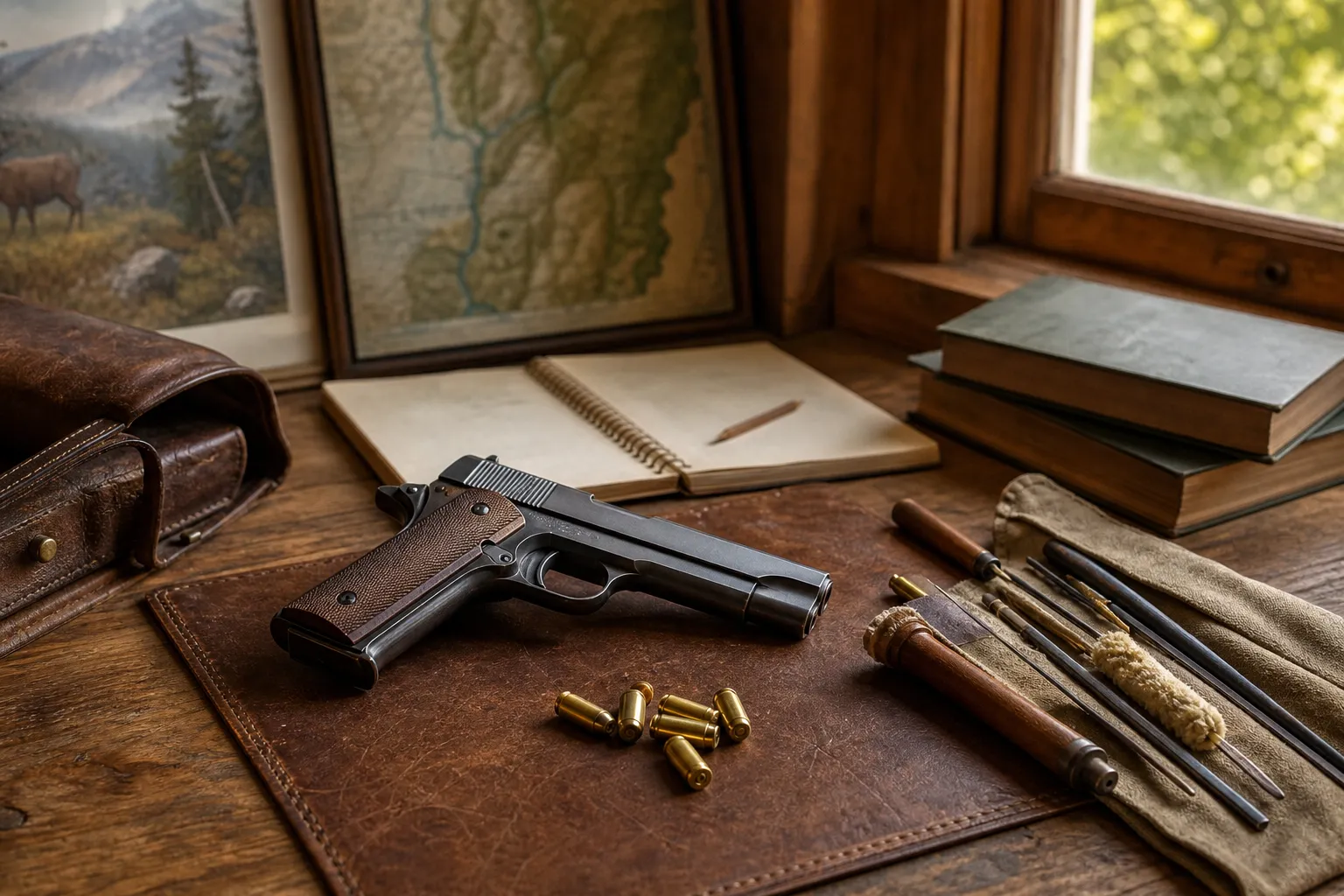 A historical tabletop scene with an early style semiautomatic pistol, brass cartridges, and field gear in warm window light.