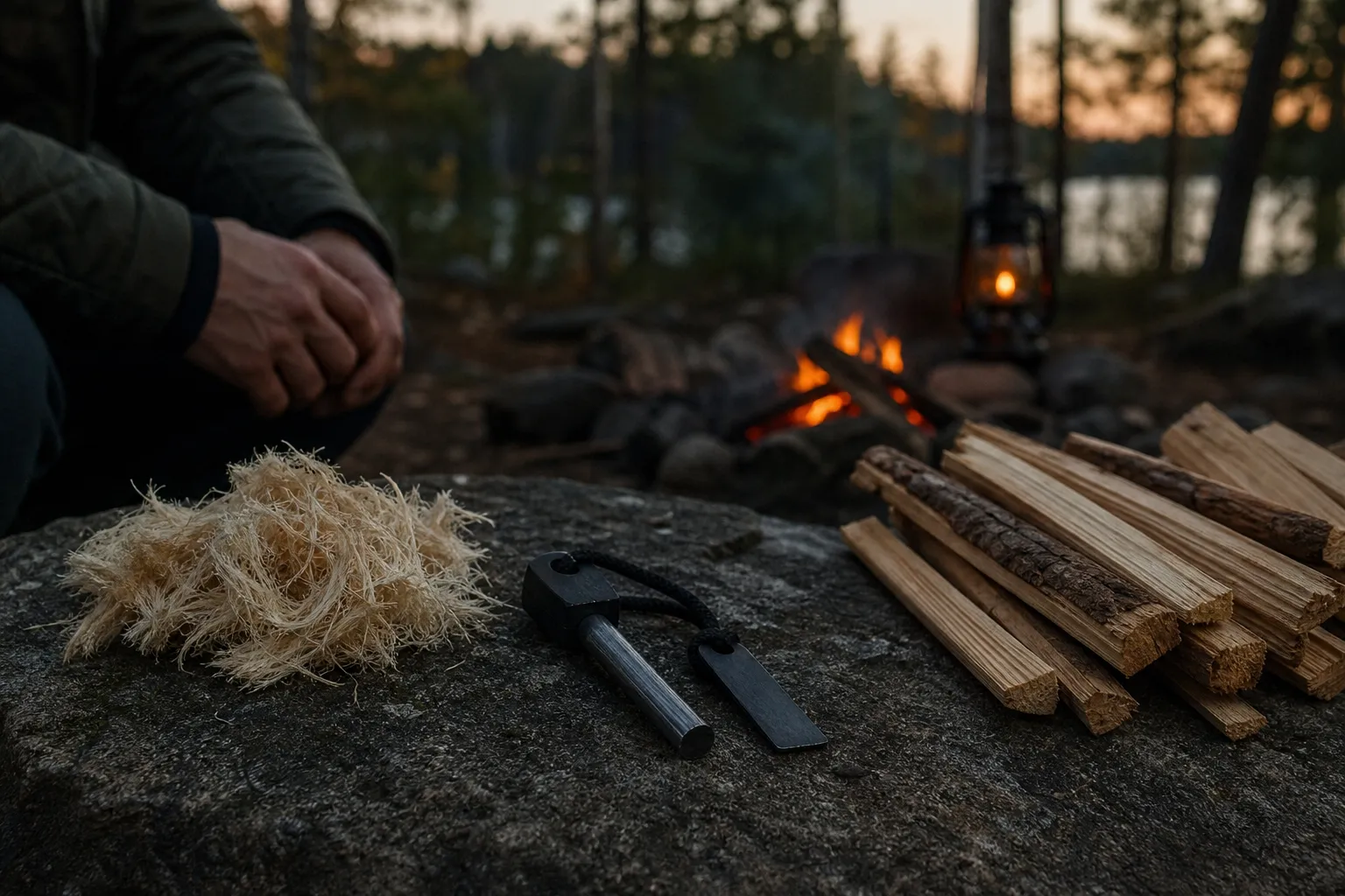 A ferro rod and tinder are laid out at a campsite beside neatly stacked kindling in a wooded setting.