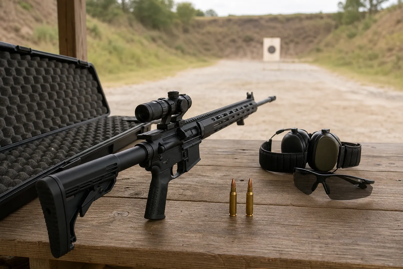 A rifle rests safely on a bench beside ammunition, eye and ear protection, and an open case at an outdoor shooting range.