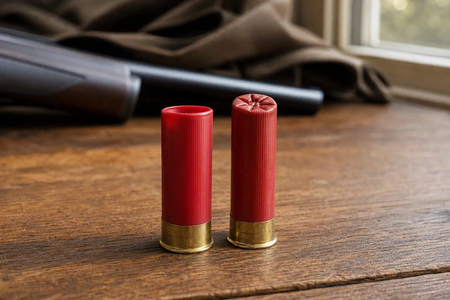 An unfired shotgun shell and a crimped shell sit side by side on a wooden table.