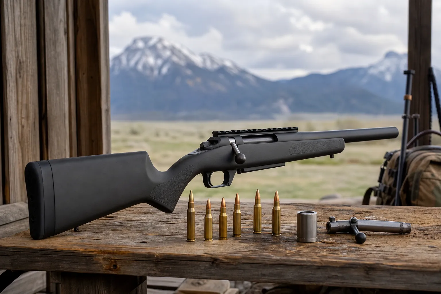 A modern hunting rifle and loose cartridges resting safely on a table in a rustic outdoor setting.