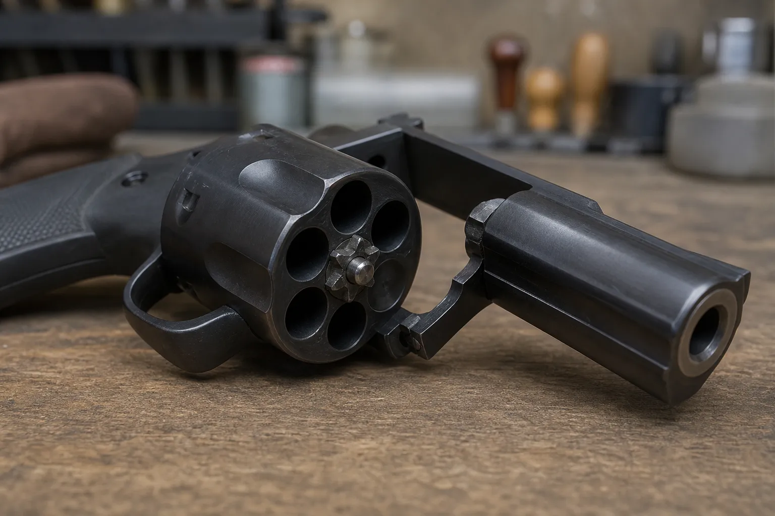 A close view of a revolver on a bench showing the space between the front of the cylinder and the barrel.