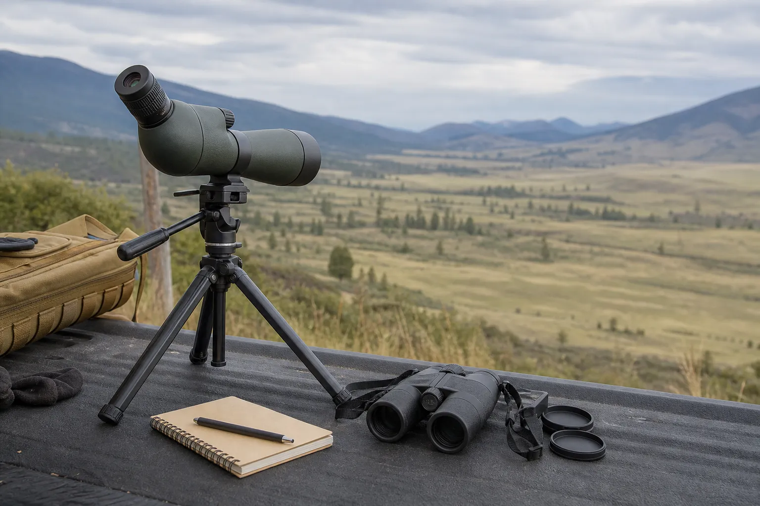 A spotting scope and binoculars arranged side by side on a tailgate to compare their size and purpose.