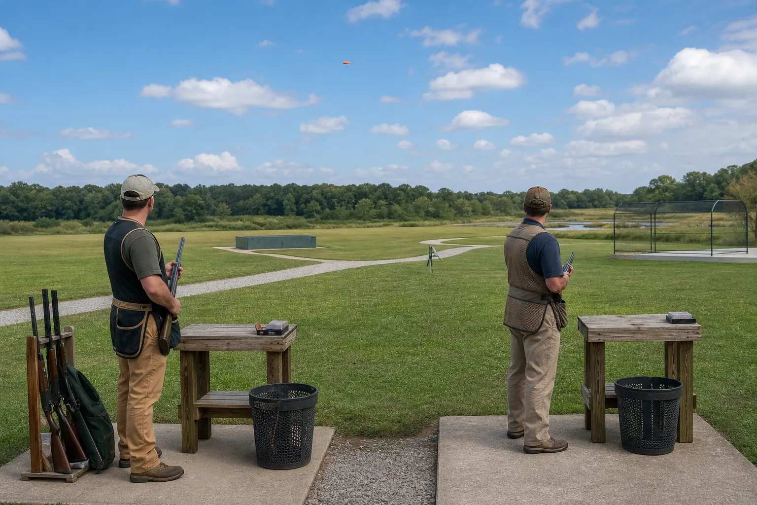 Two adult shooters at a clay target range with different field layouts visible under a bright open sky.