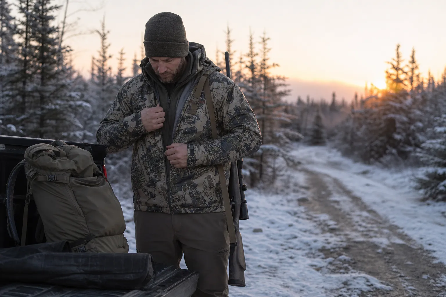 A hunter in layered winter clothing adjusts gear beside a snowy forest trail at dawn.