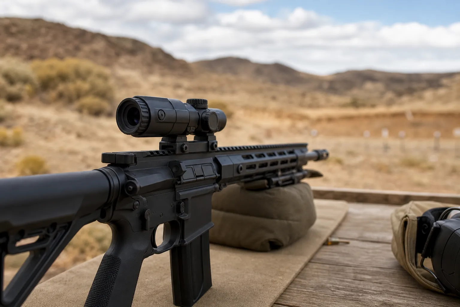 A compact fixed power prism optic mounted on a rifle at a shooting range.
