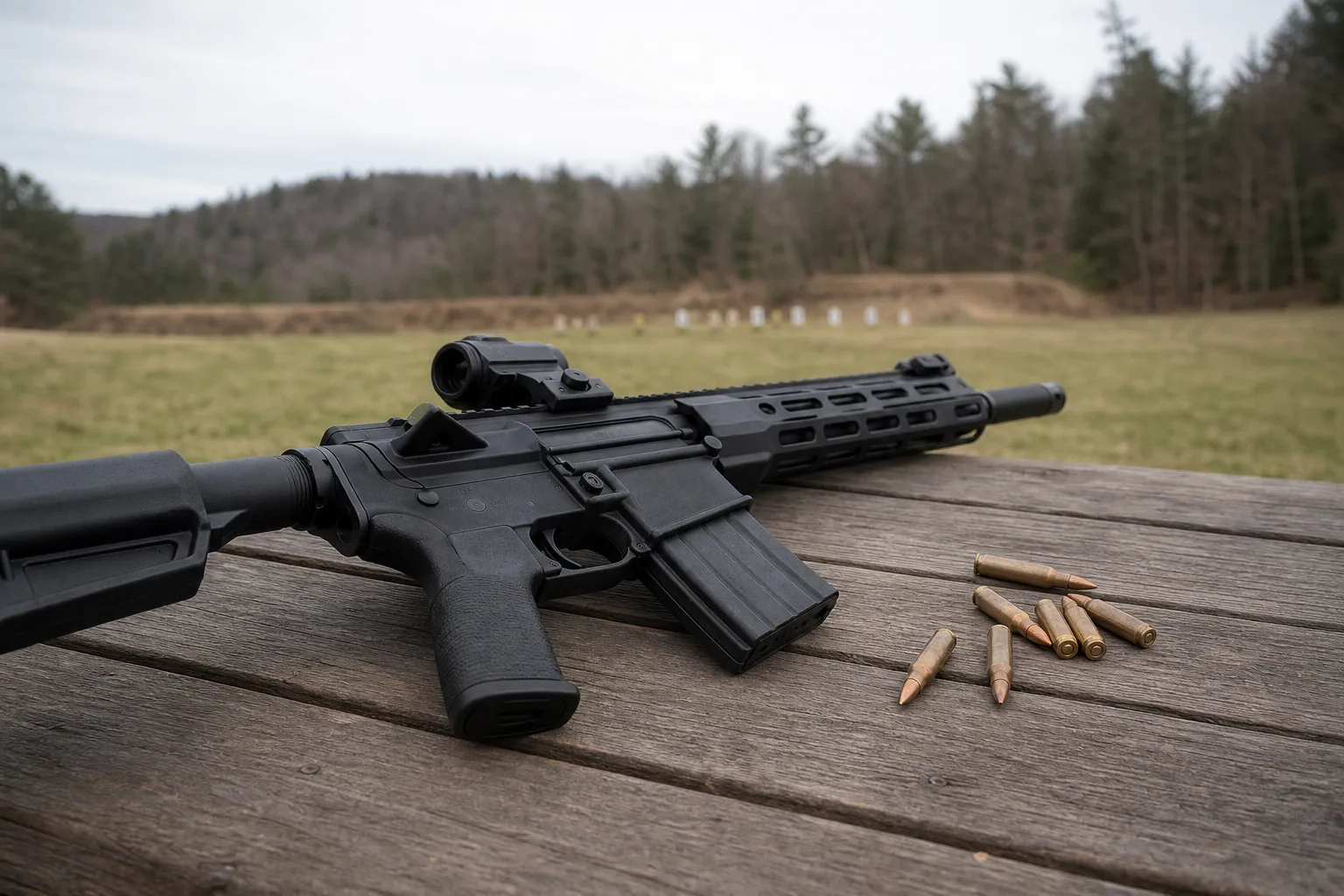 A black AR style rifle rests safely on a shooting bench beside loose cartridges at an outdoor range.