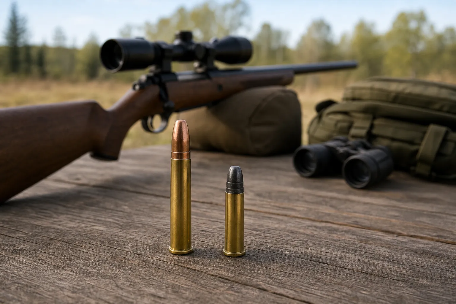 Two different rimfire cartridges shown side by side on a wooden table for size comparison.