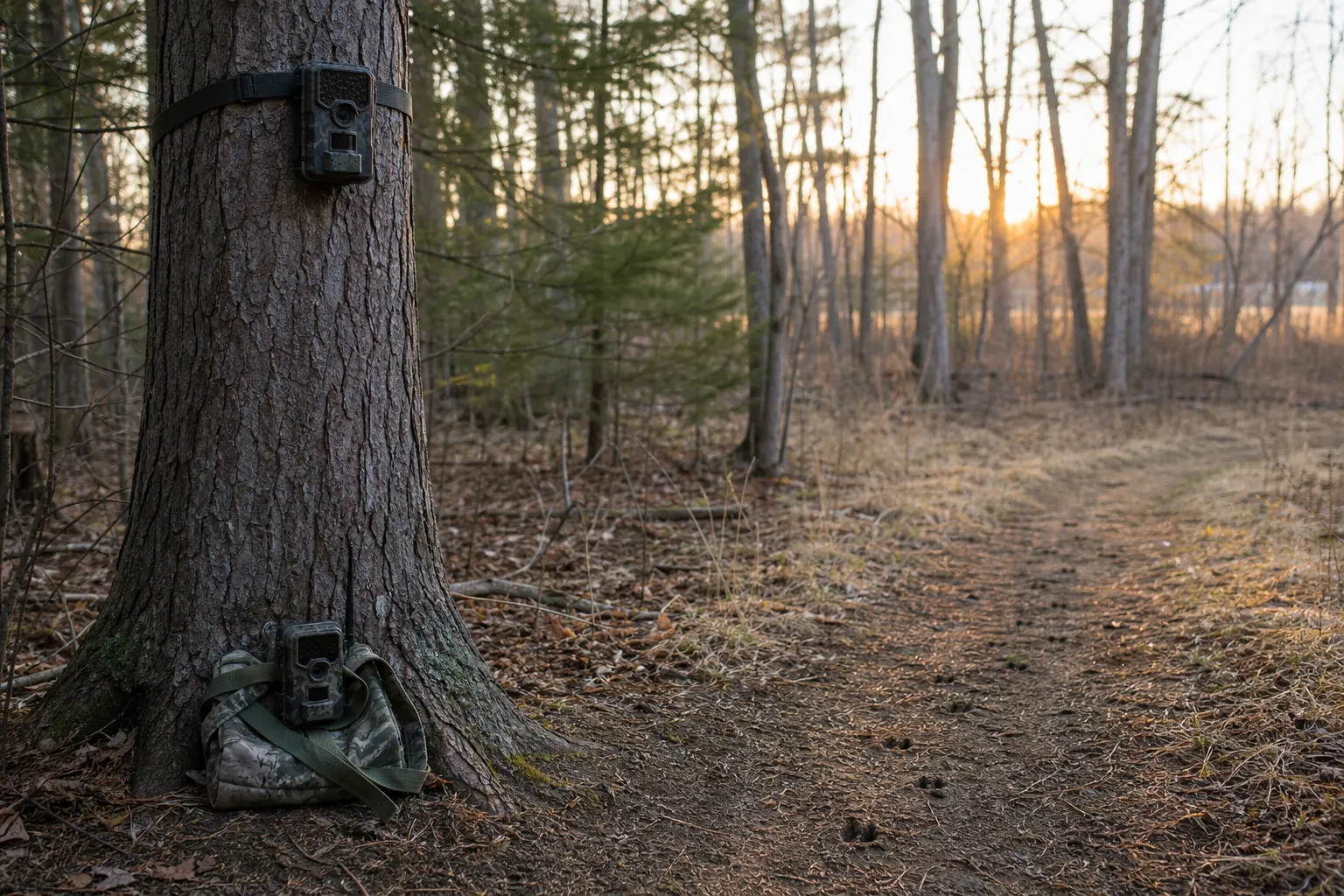 A trail camera mounted on a tree at a forest edge, with another camera and gear at the base of the tree.