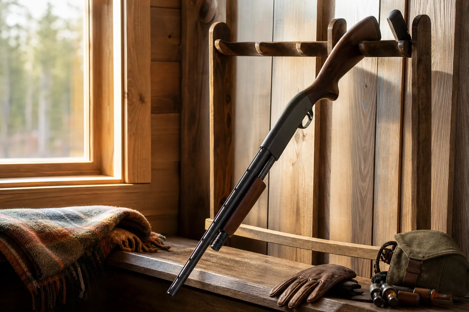 A generic pump action shotgun rests safely on a wooden rack in a rural hunting lodge.