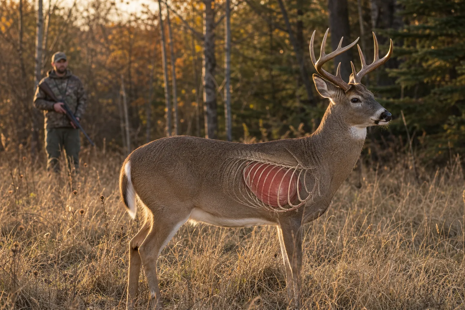A deer stands broadside at the edge of the woods while a hunter remains safely in the background, illustrating ethical shot placement.