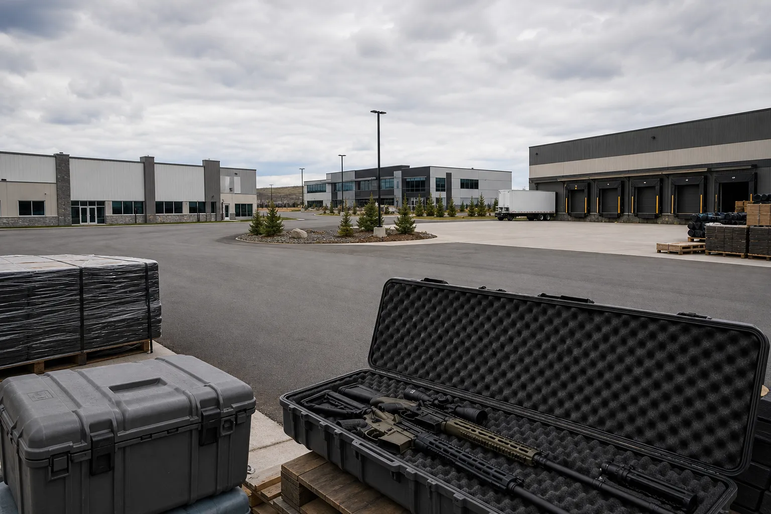 A modern factory campus with secure shipping areas representing international firearm production locations.