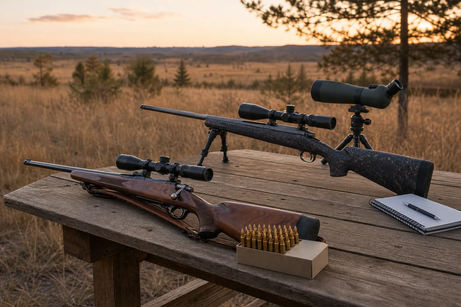 Two safe hunting rifles resting on a bench at an outdoor range with shooting gear nearby under natural light.