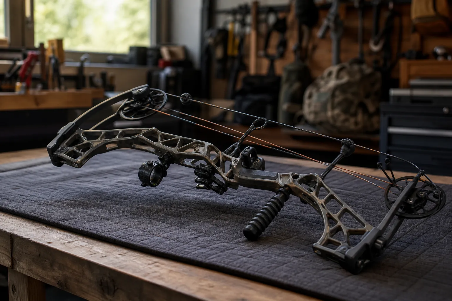 A modern compound bow resting on a workbench with its cams, limbs, cables and sight visible in a workshop setting.