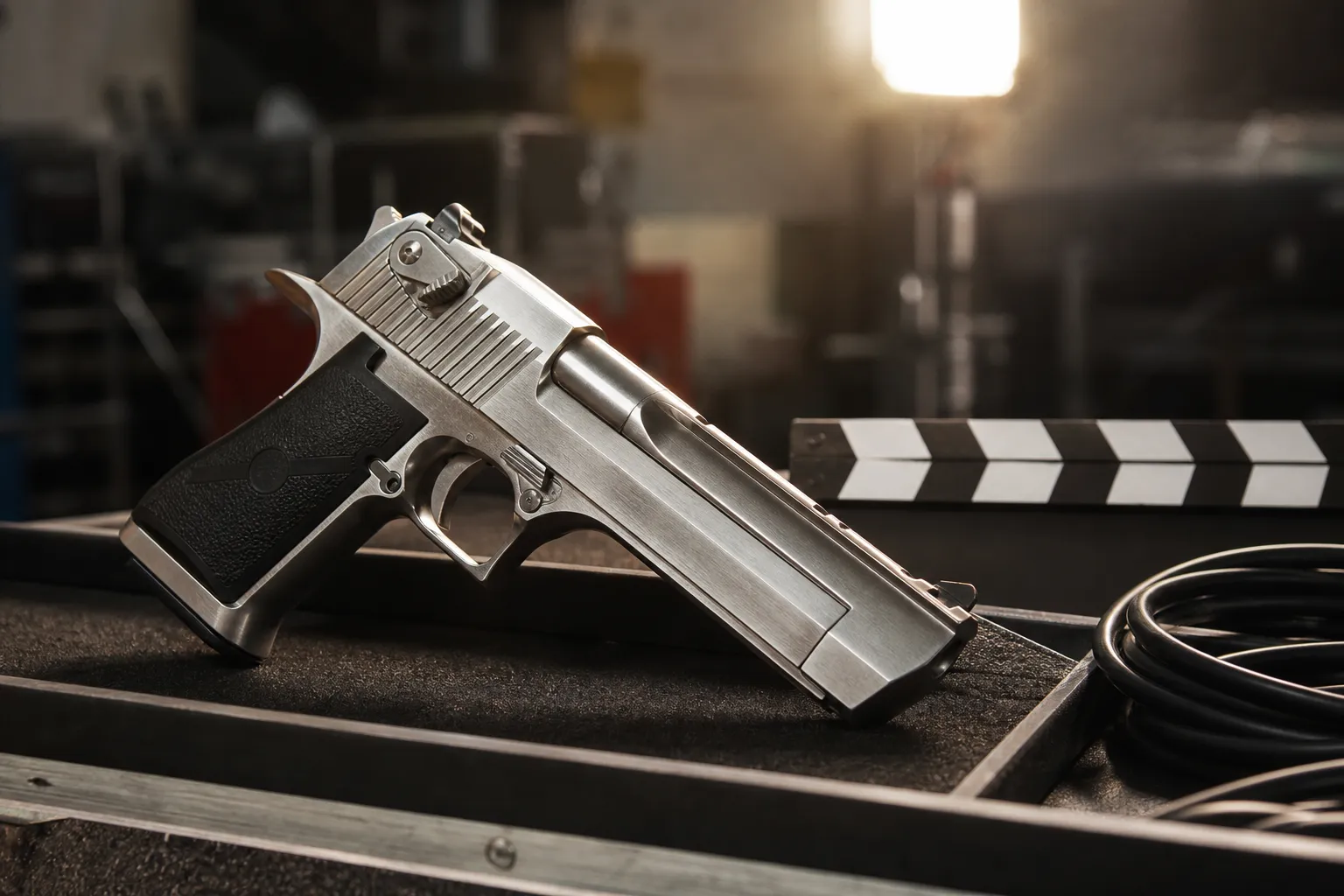A cinematic prop display shows a large generic pistol on a case beside film style gear.