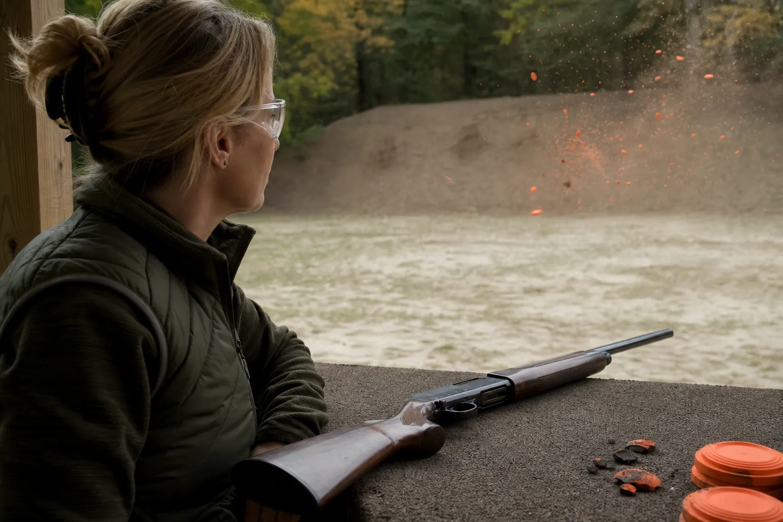 A shooter wearing clear glasses at a range with dust and clay fragments suggesting the need for eye protection.