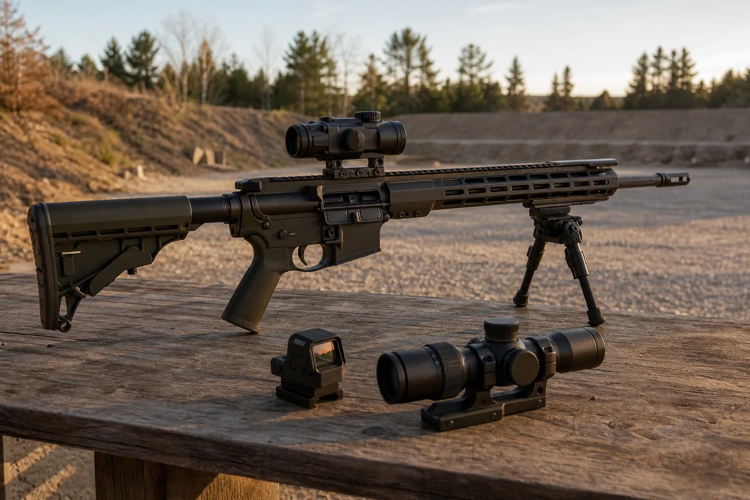 A rifle with a fixed power prism optic sits on a range table beside a red dot sight and a variable scope.
