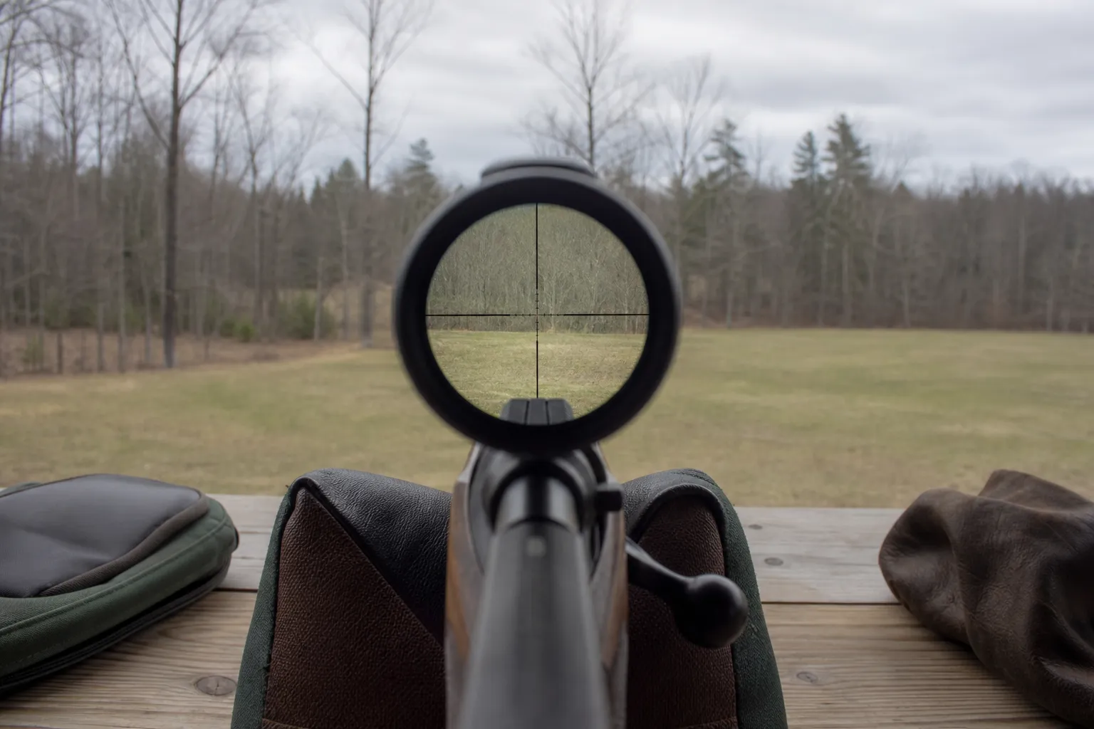A close up view through a rifle scope on a safely rested hunting rifle, showing a simple reticle against a blurred outdoor background.